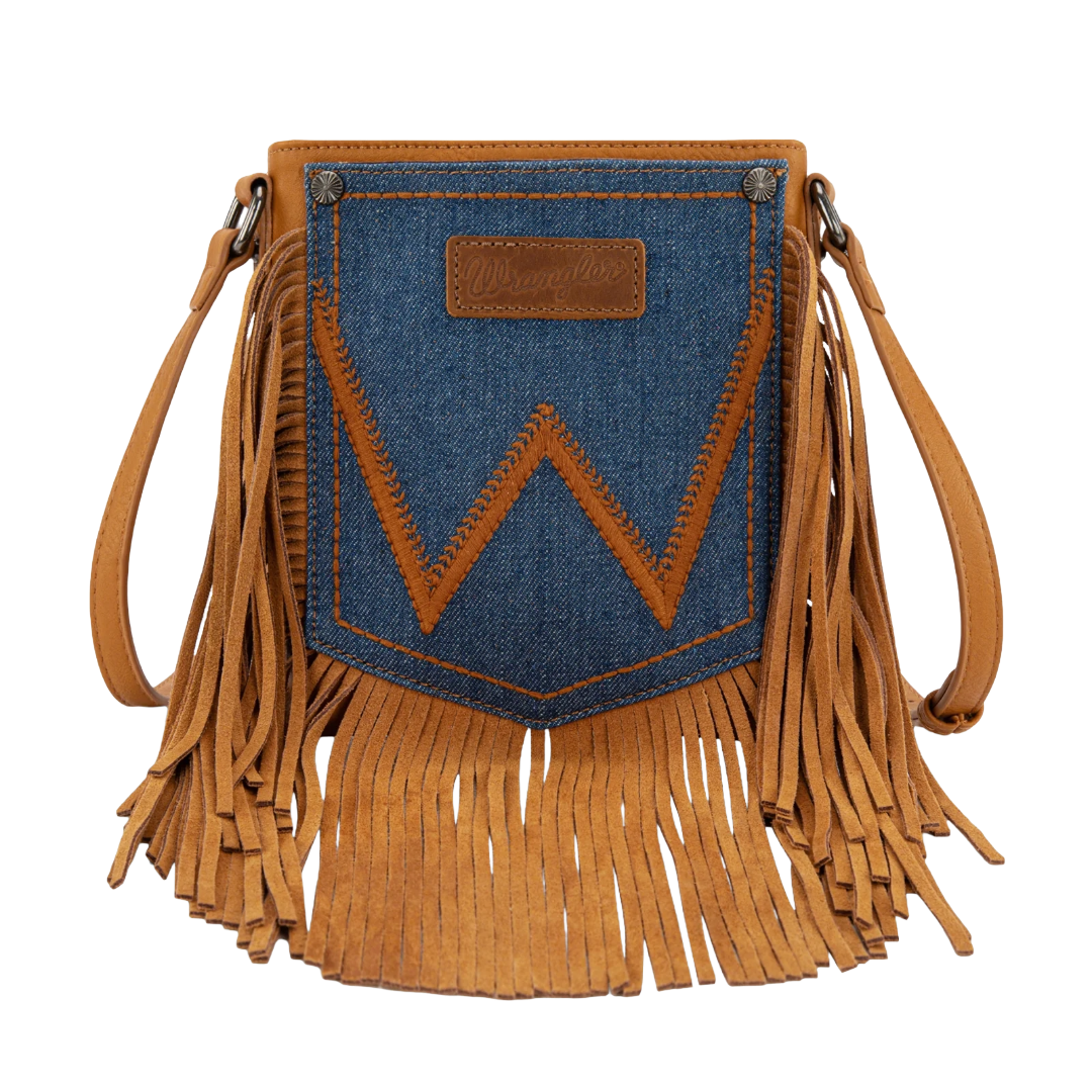 Wrangler Ladies Leather Light Brown Fringe Jean Denim Pocket Crossbody WG367-8360LBR