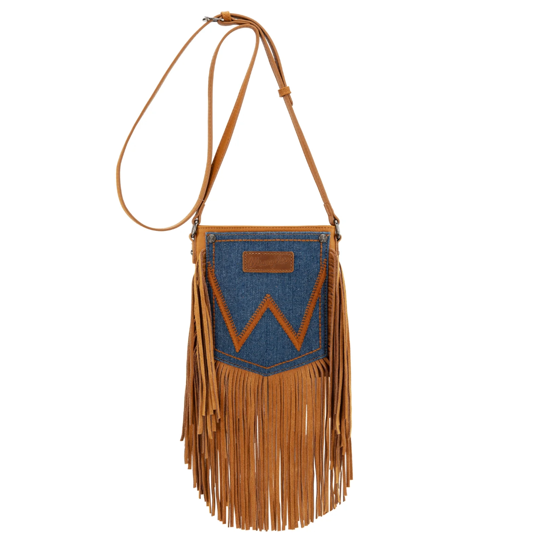 Wrangler Ladies Leather Light Brown Fringe Jean Denim Pocket Crossbody WG367-8360LBR