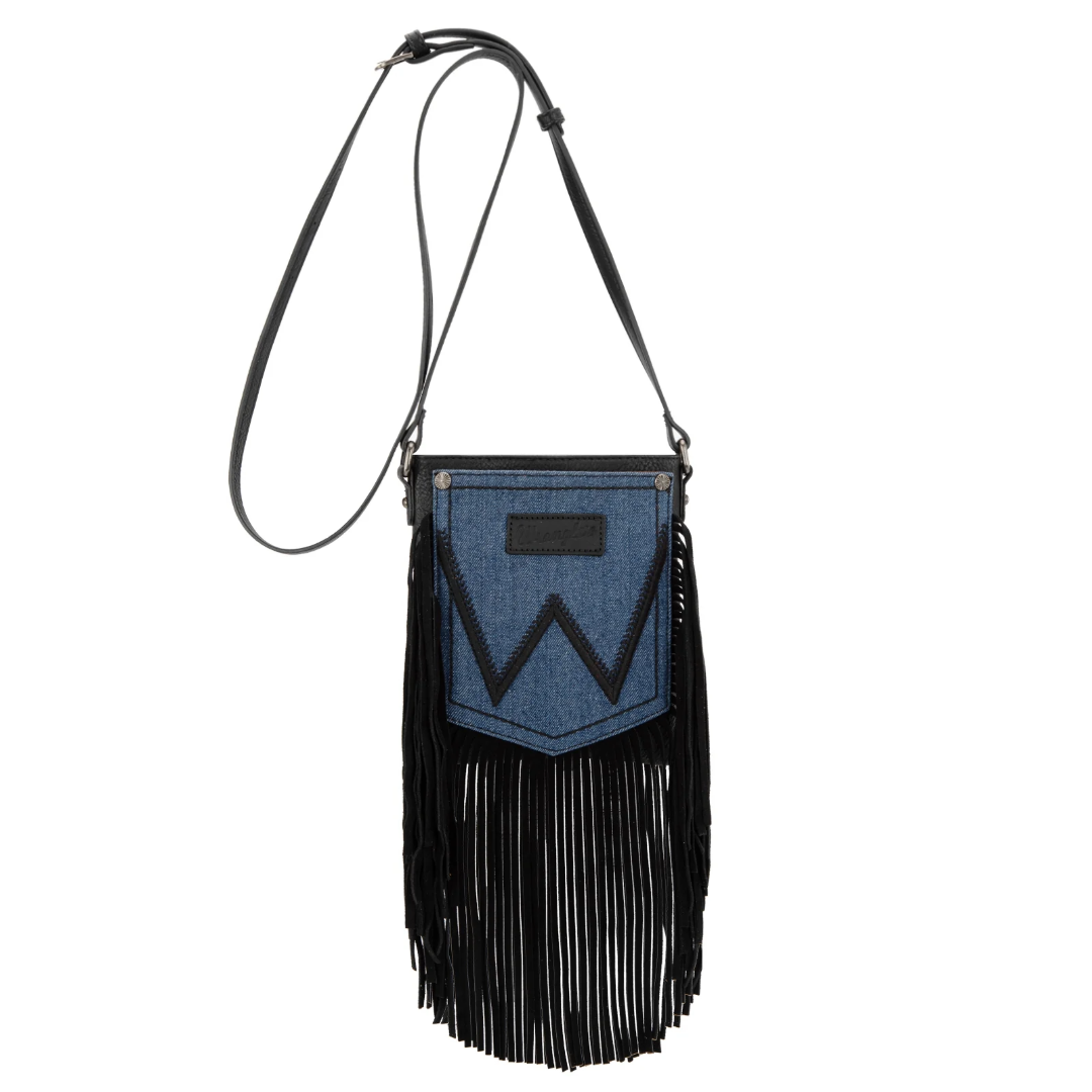 Wrangler Ladies Leather Black Fringe Jean Denim Pocket Crossbody WG367-8360BK