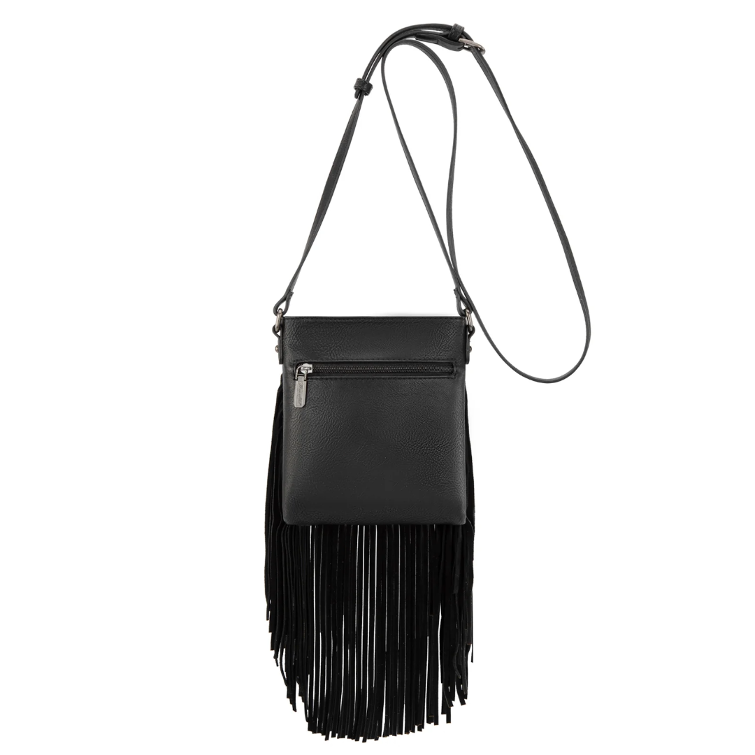 Wrangler Ladies Leather Black Fringe Jean Denim Pocket Crossbody WG367-8360BK