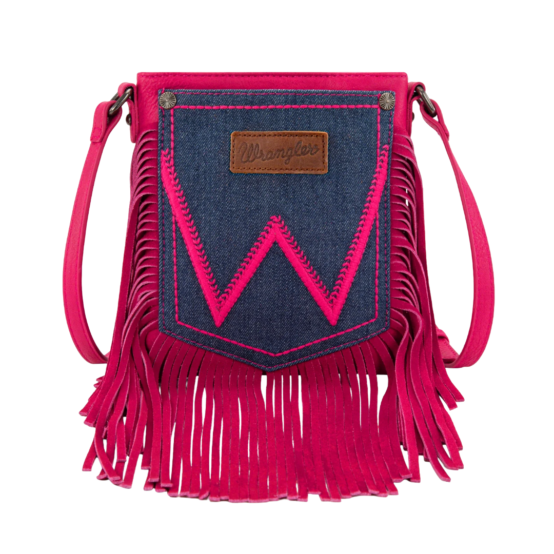 Wrangler Ladies Leather Hot Pink Fringe Jean Denim Pocket Crossbody WG367-8360HPK