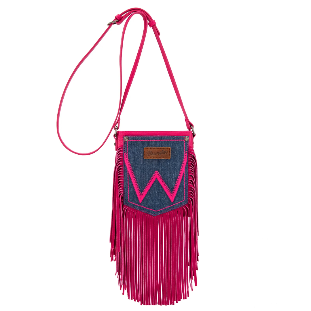 Wrangler Ladies Leather Hot Pink Fringe Jean Denim Pocket Crossbody WG367-8360HPK