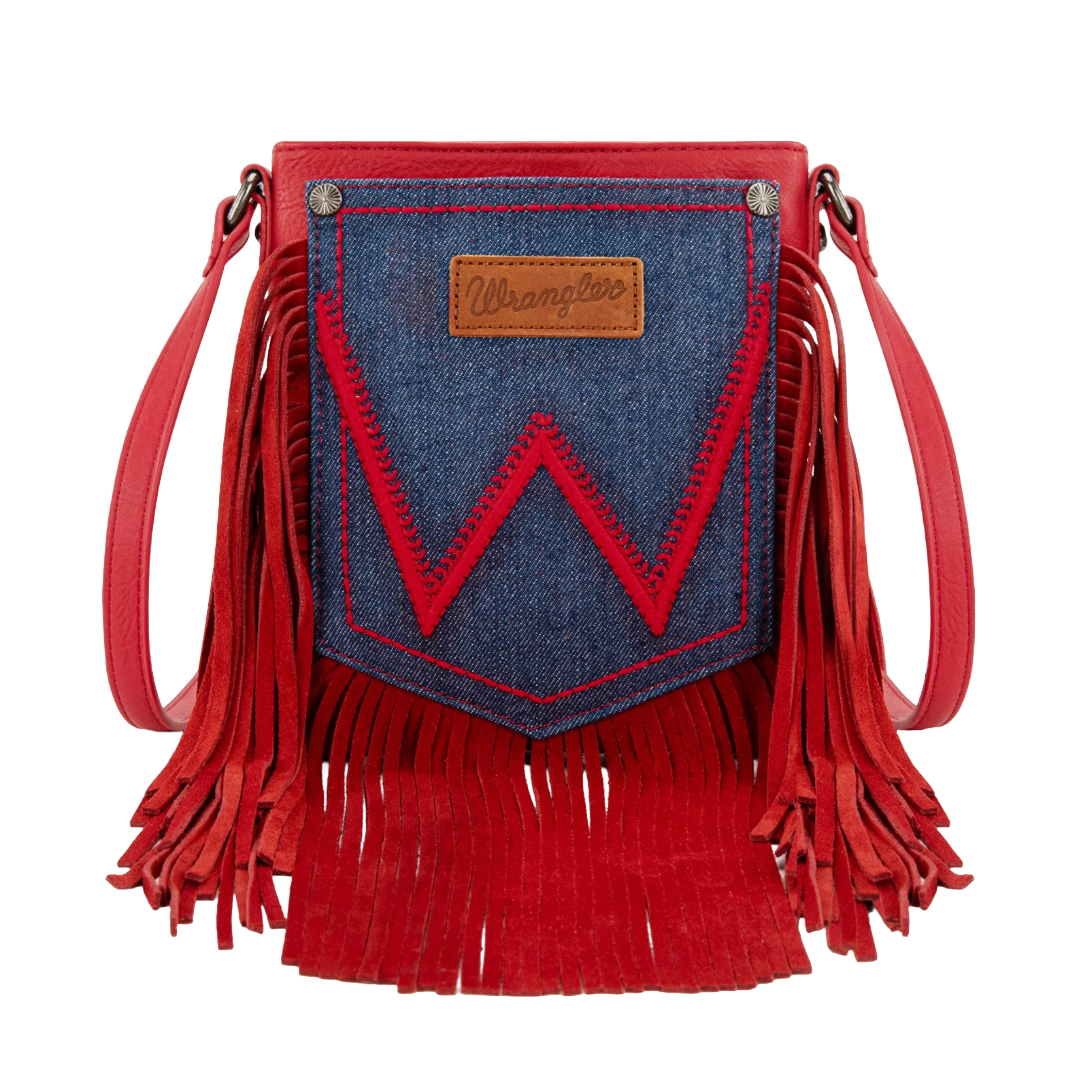 Wrangler Ladies Leather Red Fringe Jean Denim Pocket Crossbody WG367-8360RD