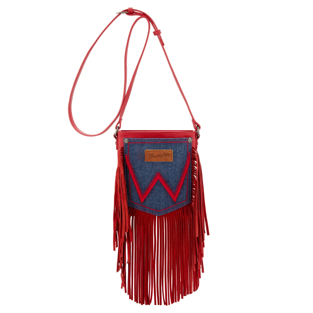 Wrangler Ladies Leather Red Fringe Jean Denim Pocket Crossbody WG367-8360RD