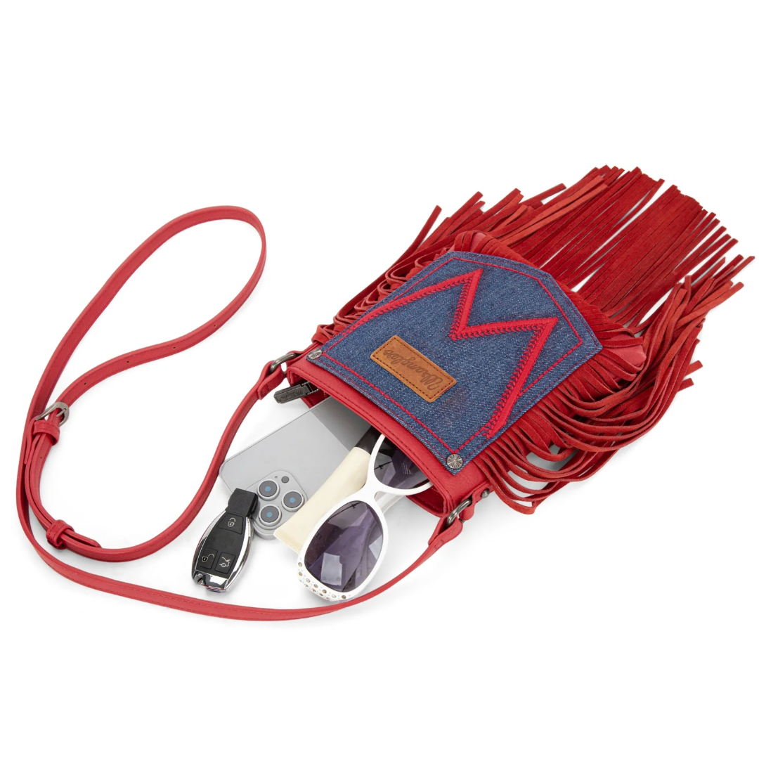 Wrangler Ladies Leather Red Fringe Jean Denim Pocket Crossbody WG367-8360RD