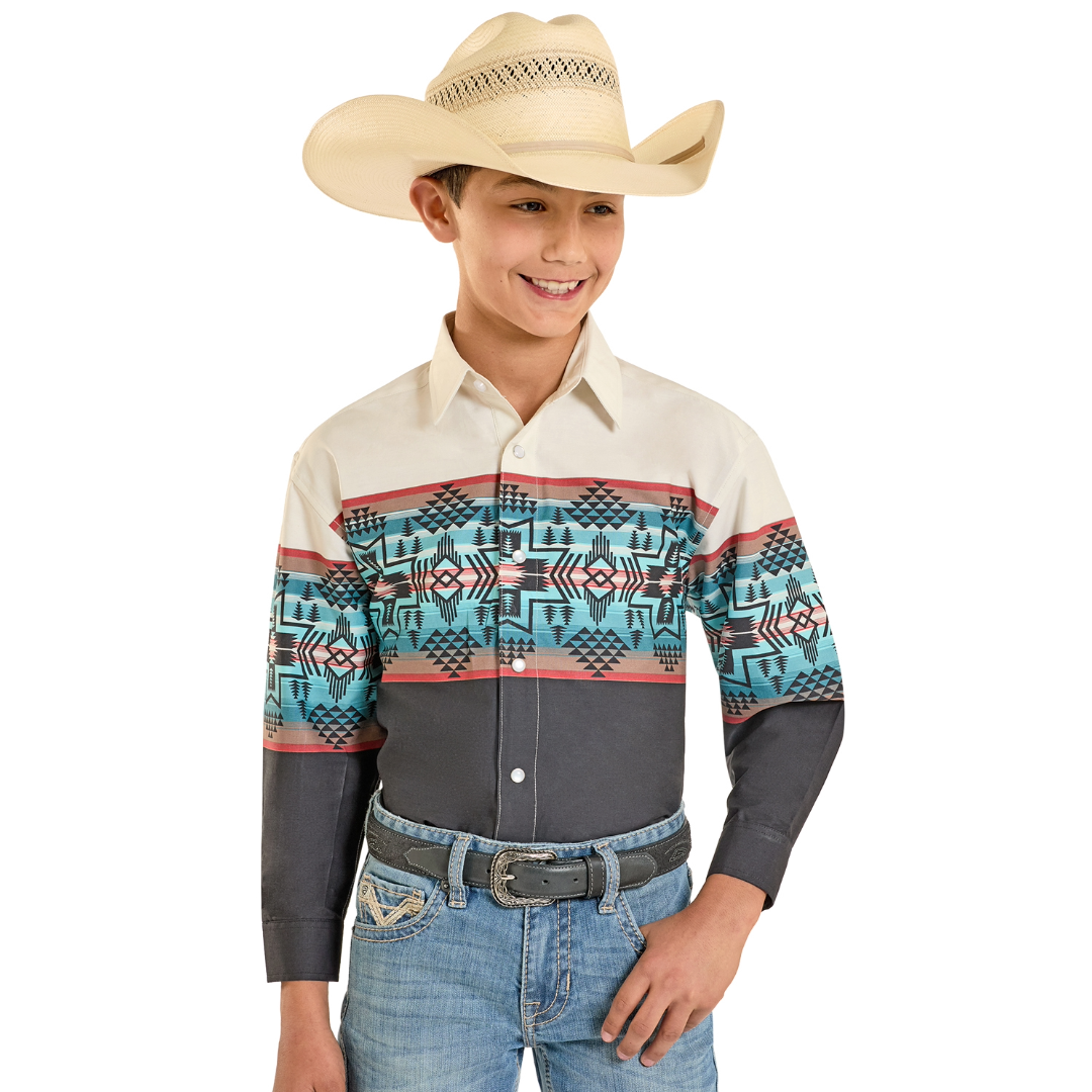 Rock & Roll Cowboy Youth Boy's Tan Borders Snap Shirt SBN2S08294 - Wild West Boot Store