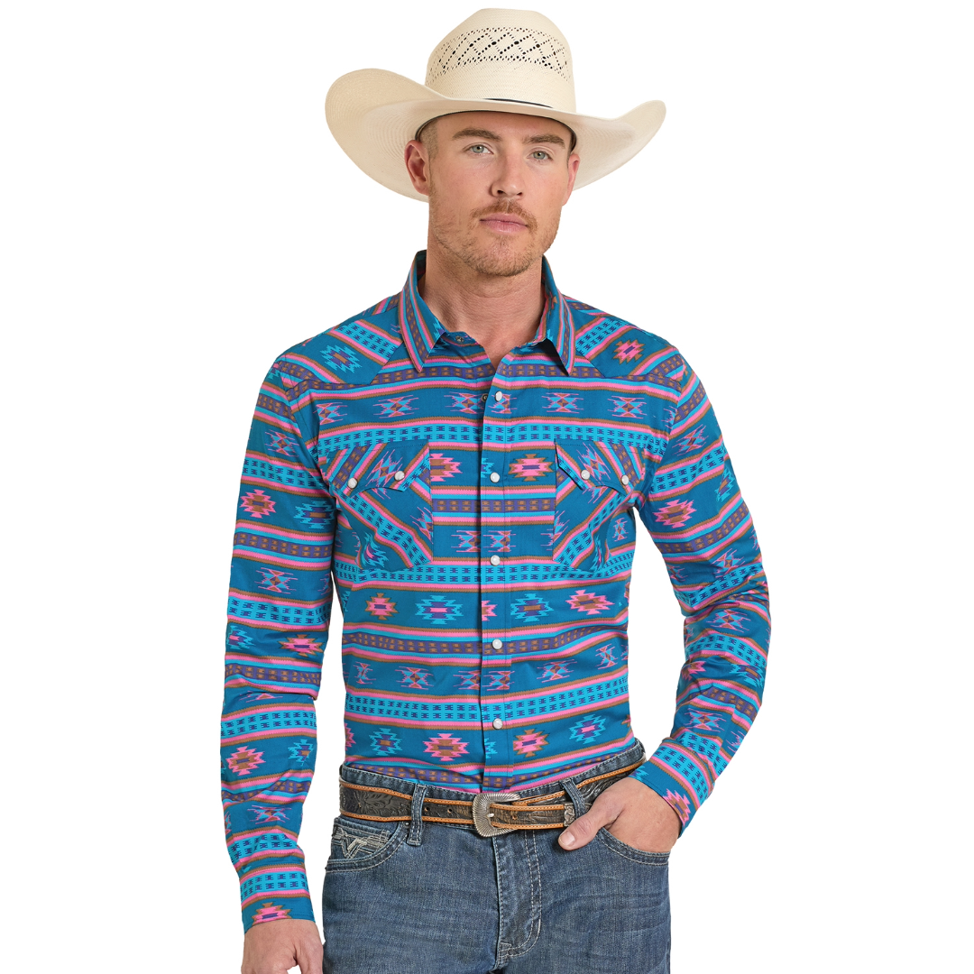 Rock & Roll Cowboy Men's Teal Aztec Snap Button Shirt PMN2S08153