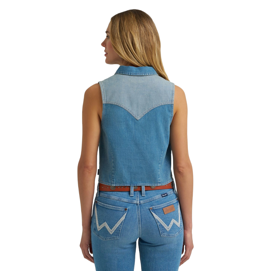 Wrangler Ladies Retro Vintage Sleeveless Light Denim Snap Shirt 112379512