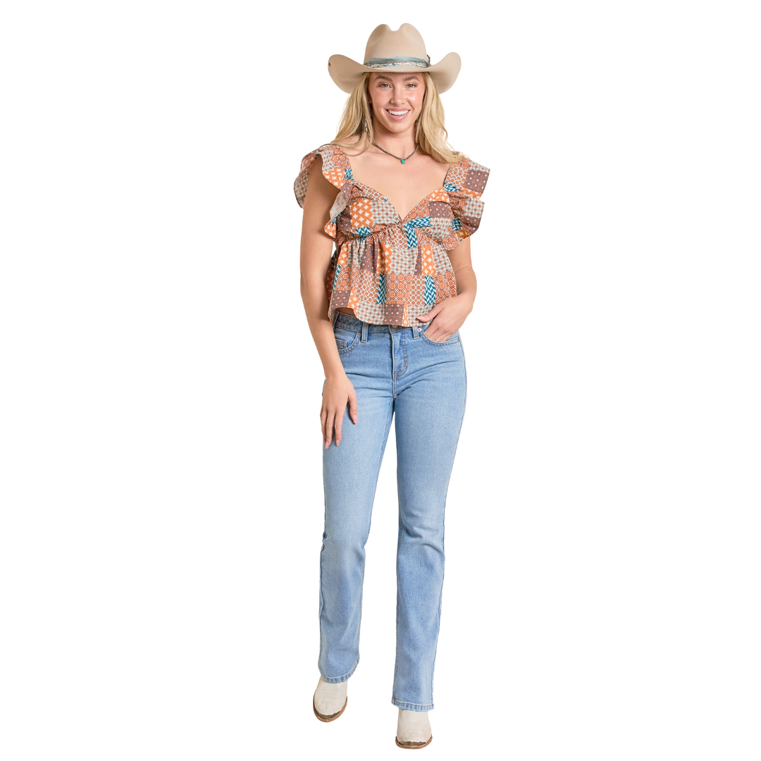 Rock & Roll Cowgirl Ladies Rust Patch Print Flutter Sleeve Tank BW50T08102