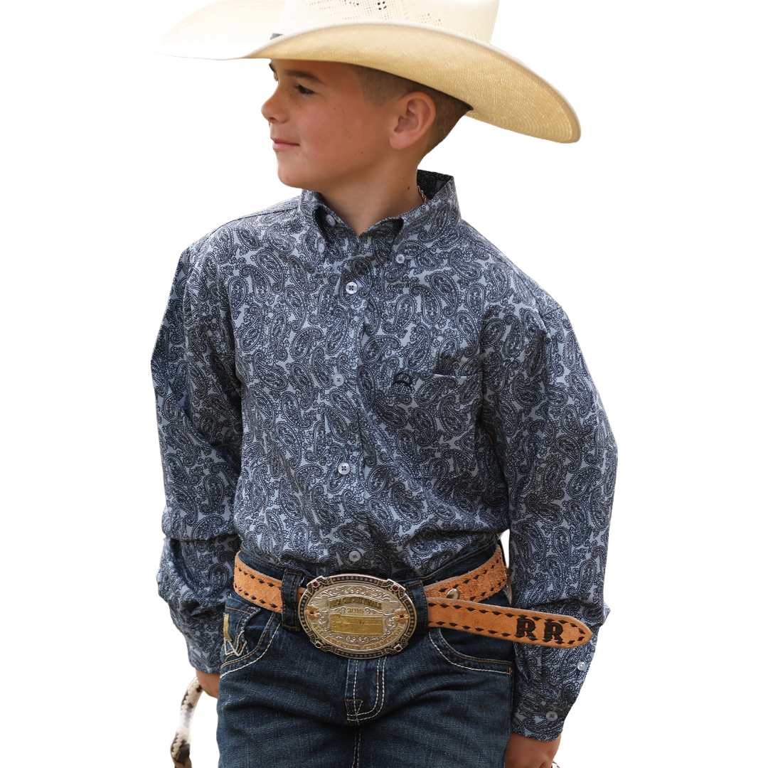 Cinch Youth Boy's Light Blue Paisley Print Arenaflex Button Up Shirt MTW7060415