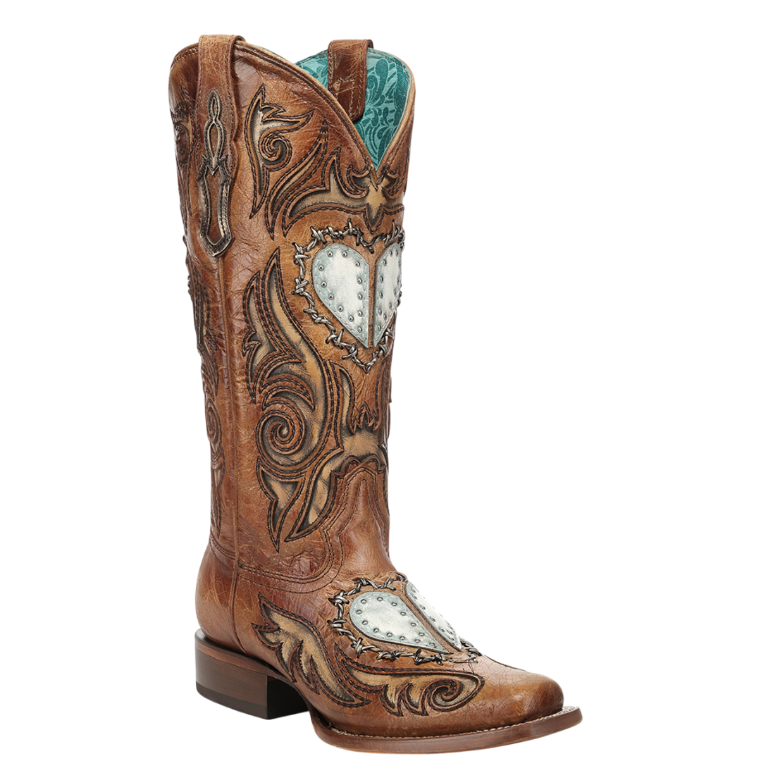 Corral Ladies Tobaco Heart Inlay & Barbed Wire Square Toe Western Boot A5094