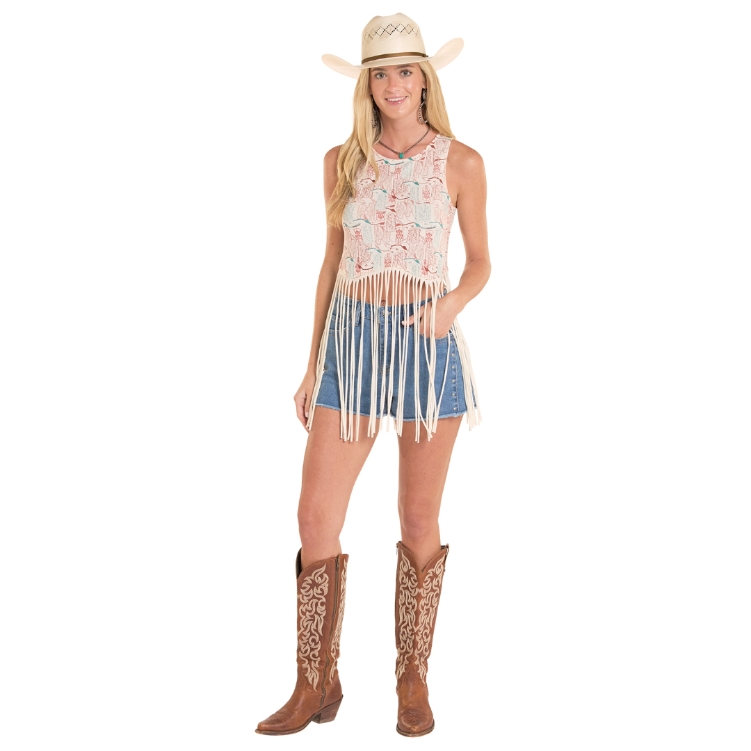 Rock & Roll Denim Ladies Natural Boot Print Fringe Tank Top BW20T08799