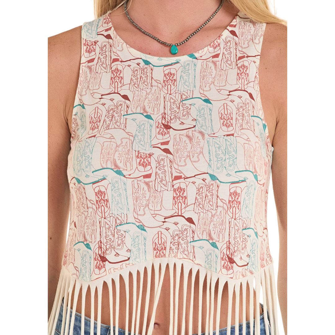 Rock & Roll Denim Ladies Natural Boot Print Fringe Tank Top BW20T08799