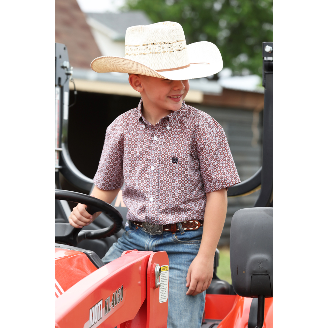 Cinch Youth Boy's White Geometric Print Button Shirt MTW7140040