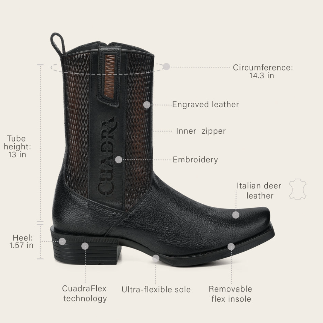 Cuadra Men's Black Deer & Bovine Leather Narrow Square Toe Urban Boot CC297