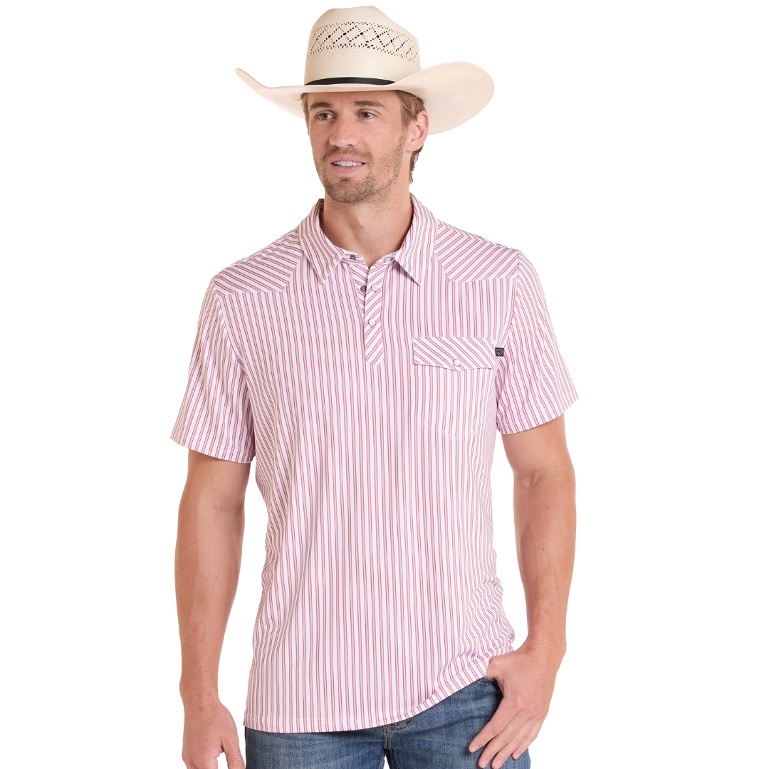 Rock & Roll Denim Men's Western Striped White Polo Shirt BM51T09060