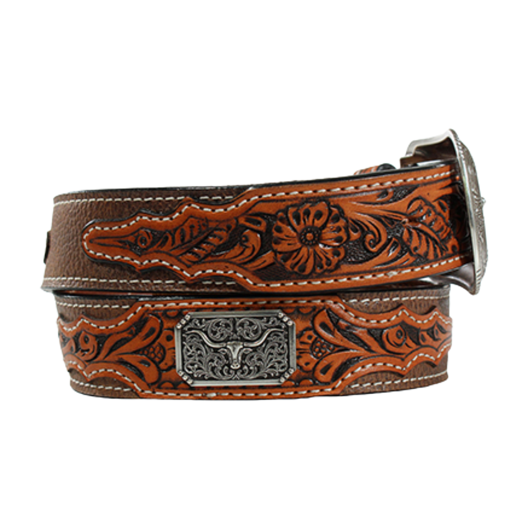 3D Belt Company Men's Floral Embossed Brown Western Belt D100014302