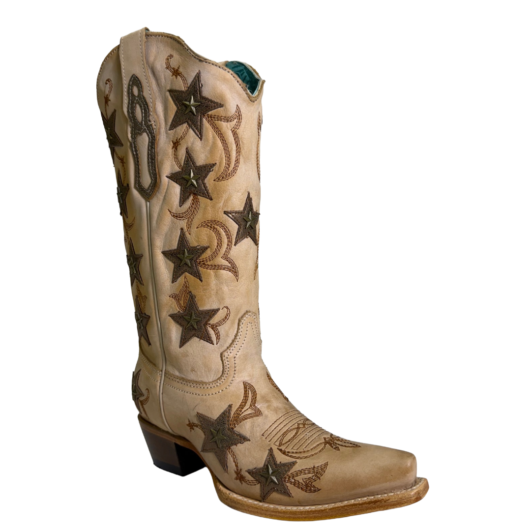 Corral Ladies Bone Star Studded & Embroidered Leather Western Boot Z5553