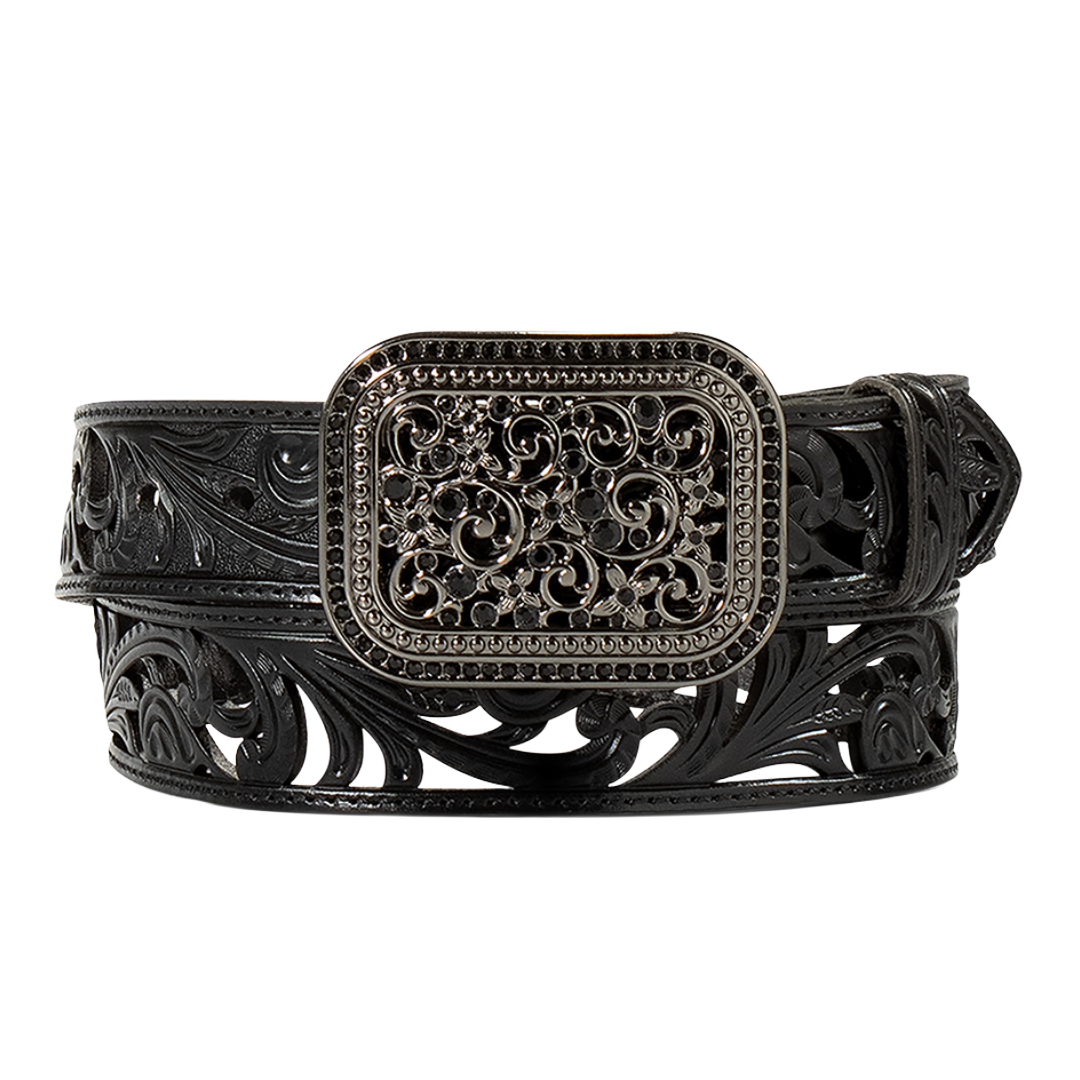 Ariat Ladies Black Floral Cutout Filigree Buckle Western Belt A1566701