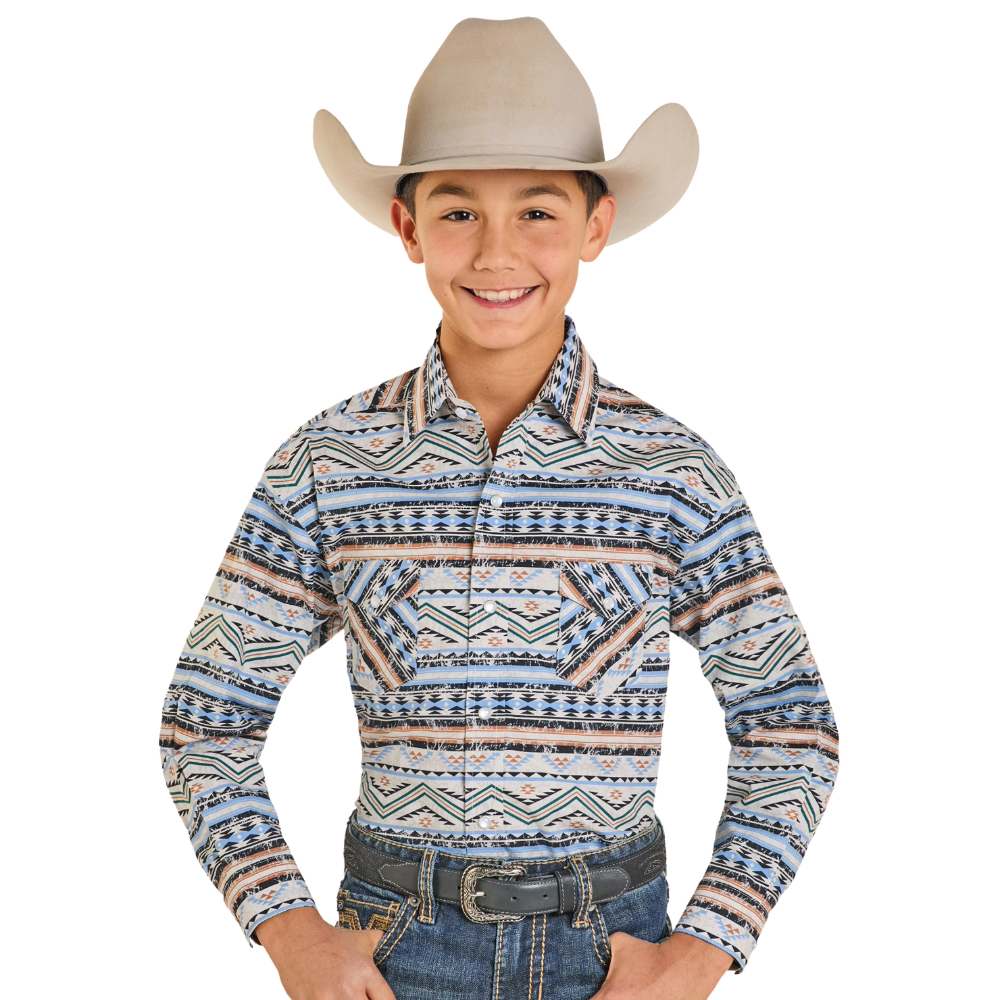 Rock & Roll Youth Boy's Beige Western Print Snap Shirt RBN2S07571