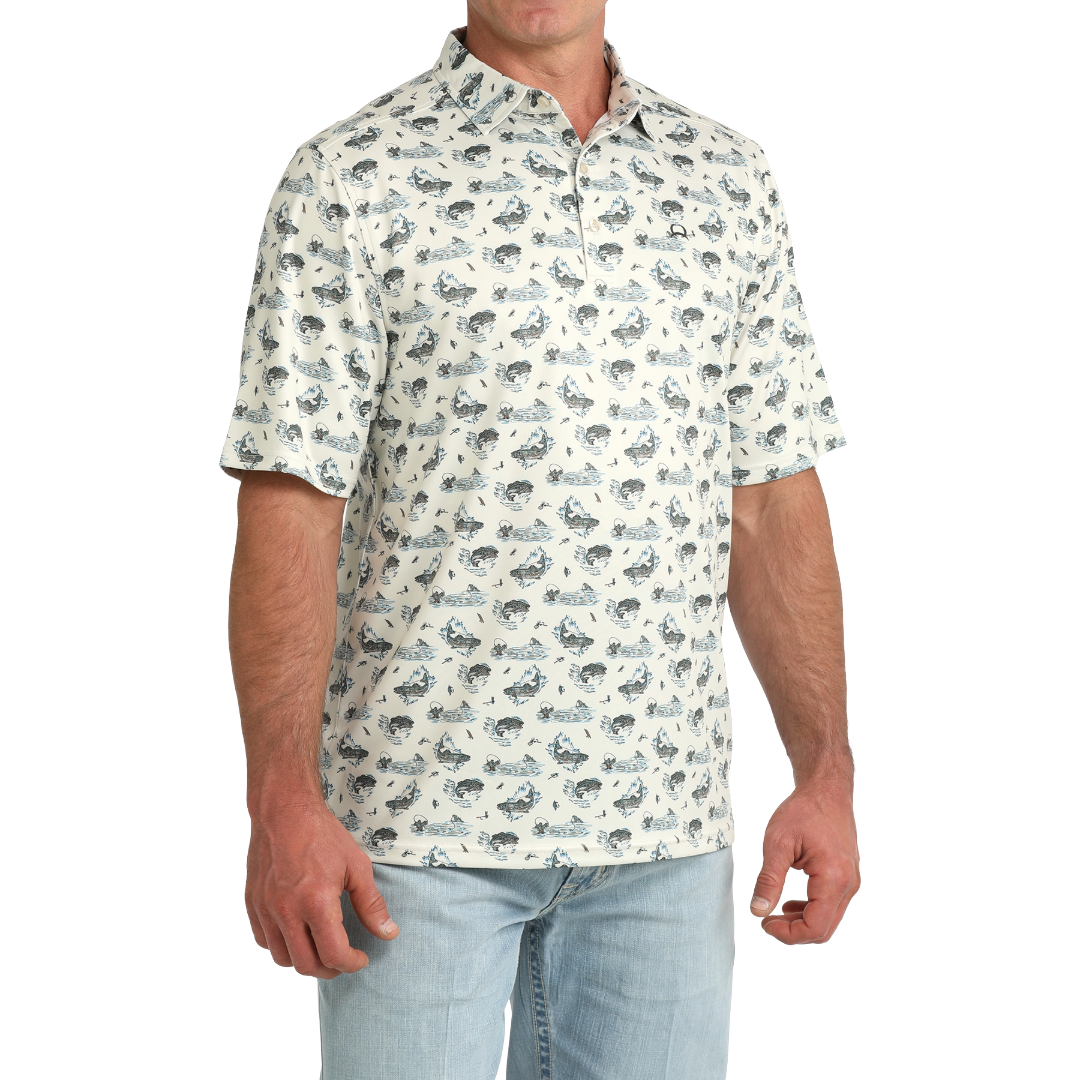 Cinch Men's Arenaflex Cream Fish Print Polo MTK1865047