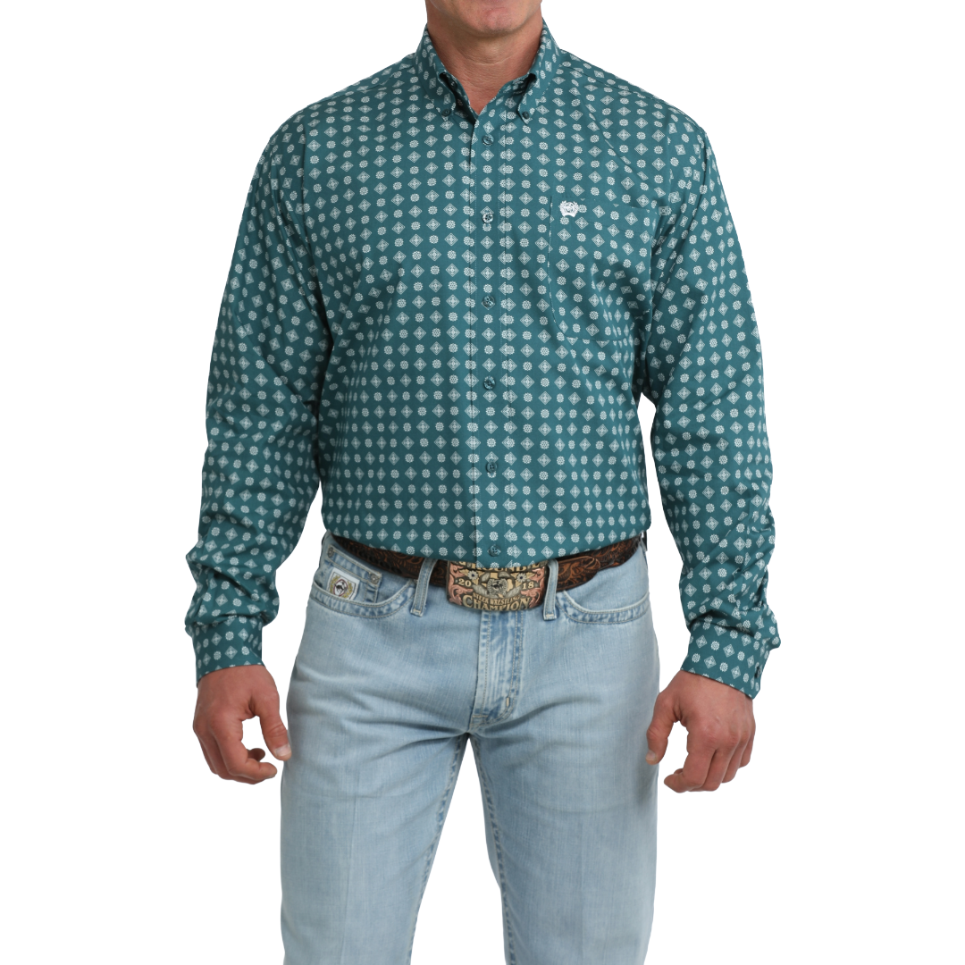 Cinch Men's Green Geometric Print Button Down Shirt MTW1106114