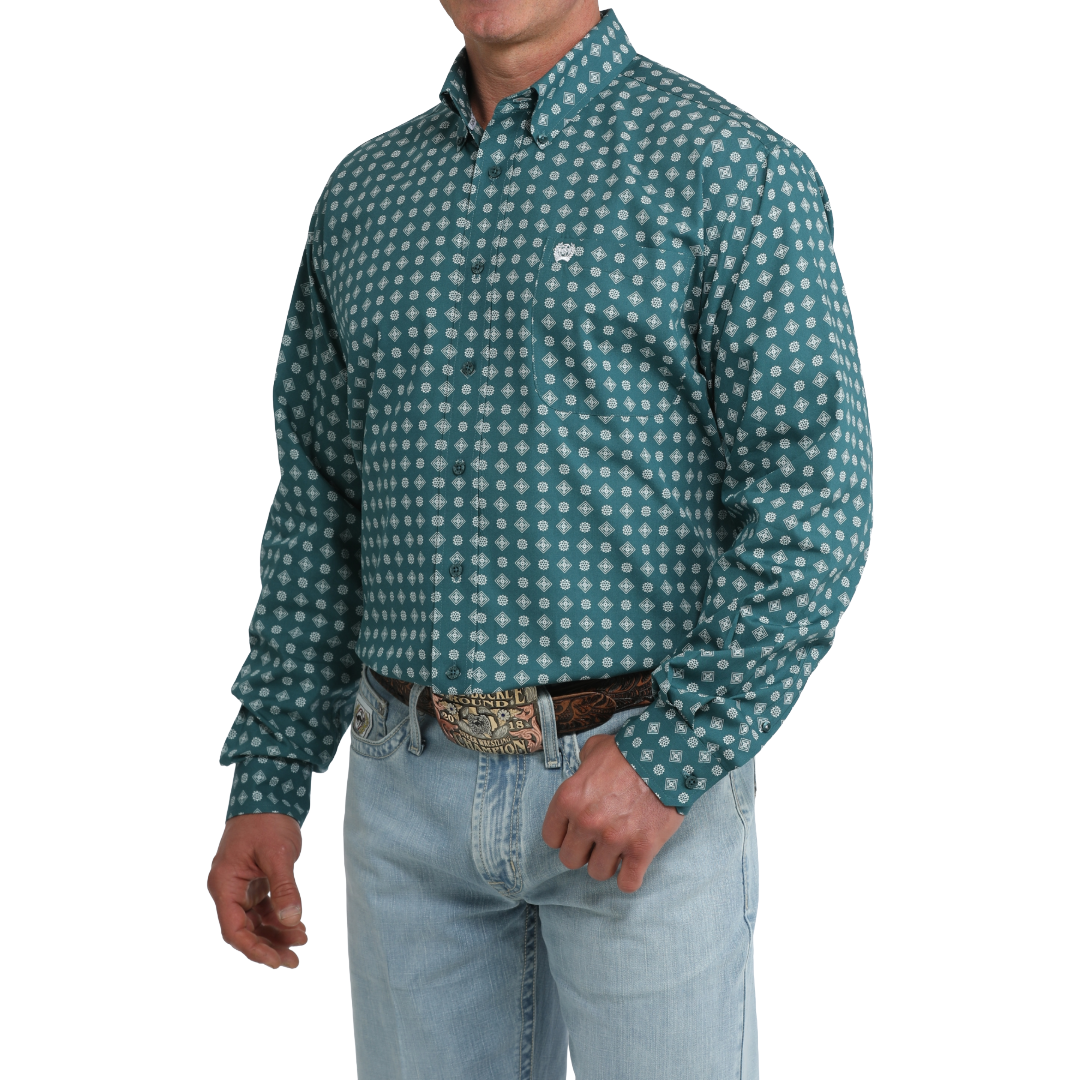 Cinch Men's Green Geometric Print Button Down Shirt MTW1106114