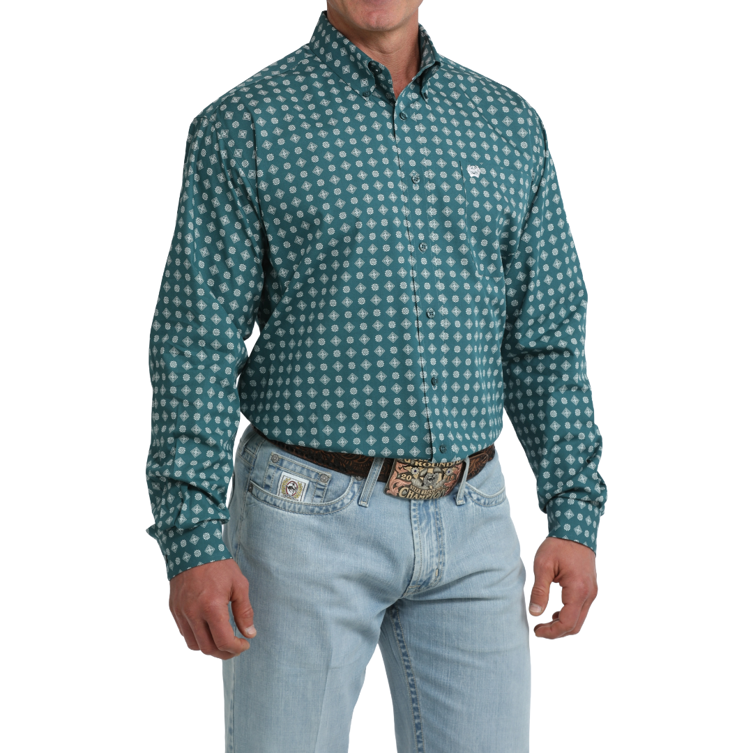 Cinch Men's Green Geometric Print Button Down Shirt MTW1106114