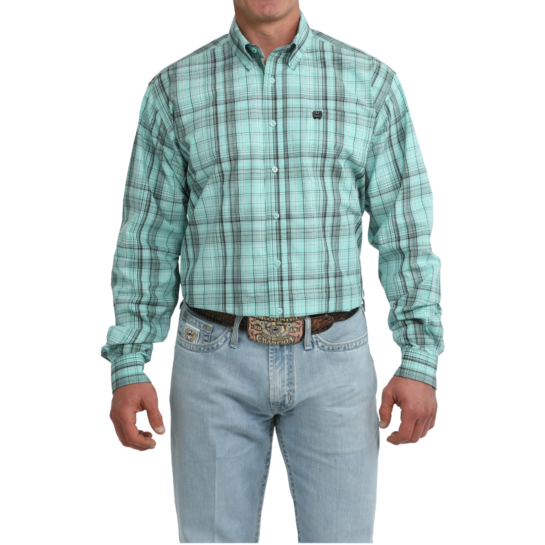 Cinch Men's Turquoise Plaid Print Button Down Shirt MTW1106115