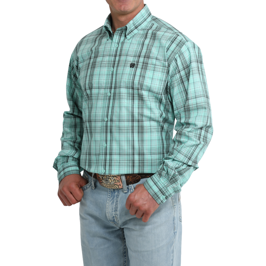 Cinch Men's Turquoise Plaid Print Button Down Shirt MTW1106115