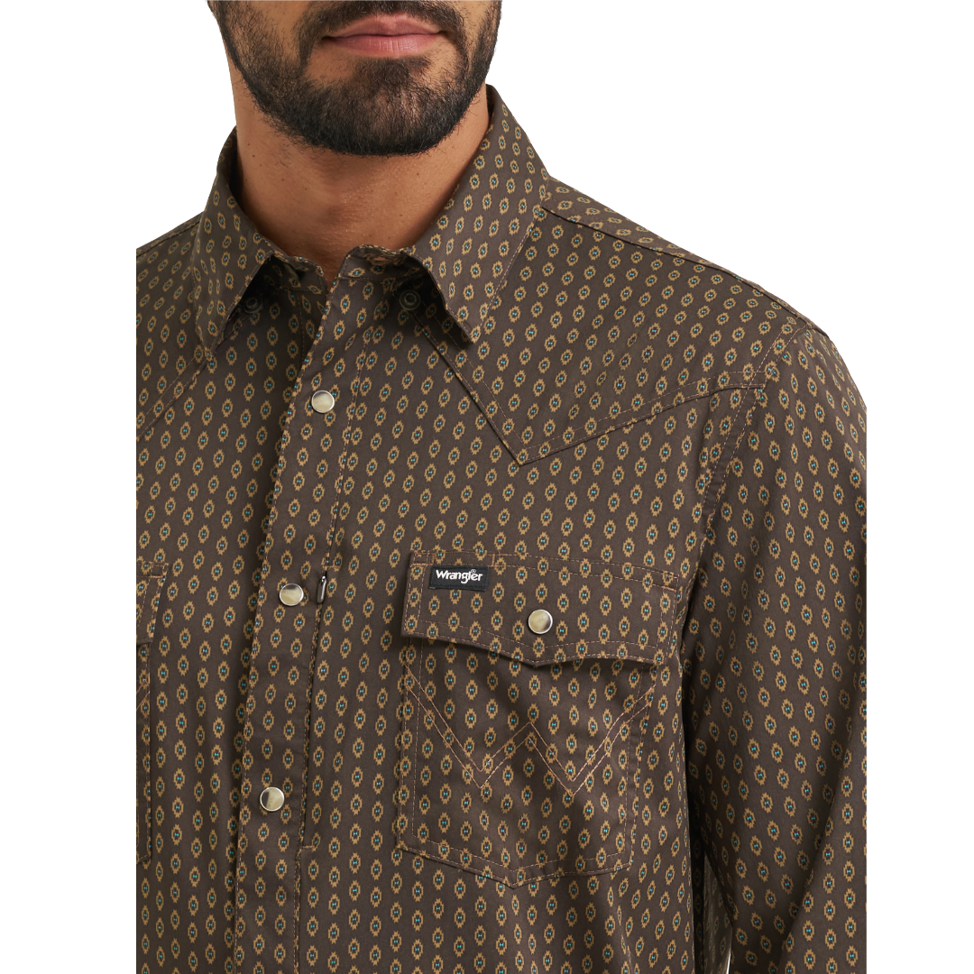 Wrangler Men's ATG-X Technical Turkish Coffee Ditzy Checotah Snap Shirt 112382502