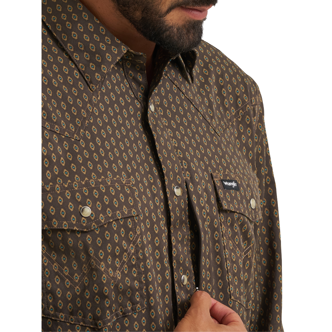 Wrangler Men's ATG-X Technical Turkish Coffee Ditzy Checotah Snap Shirt 112382502