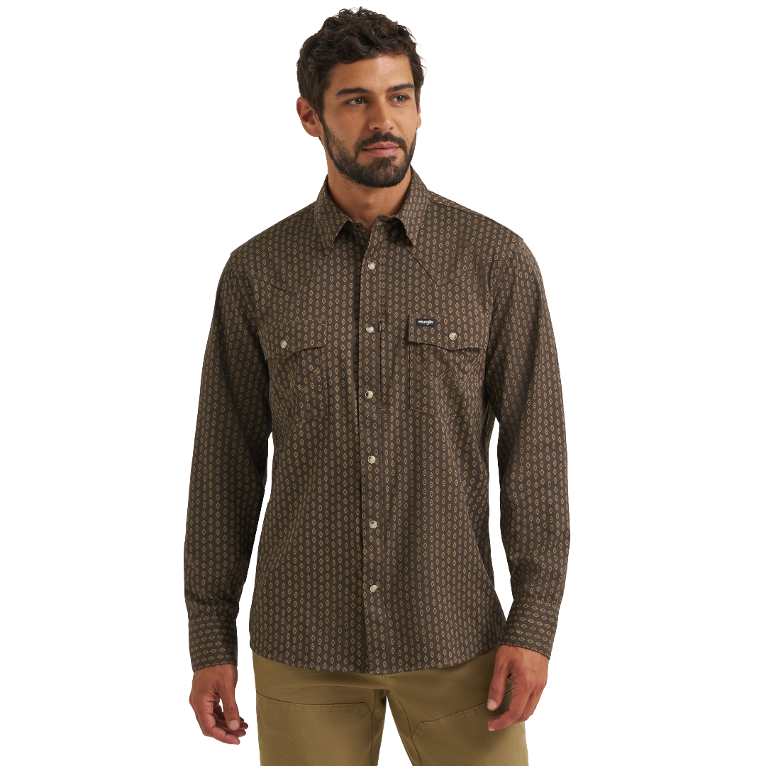 Wrangler Men's ATG-X Technical Turkish Coffee Ditzy Checotah Snap Shirt 112382502