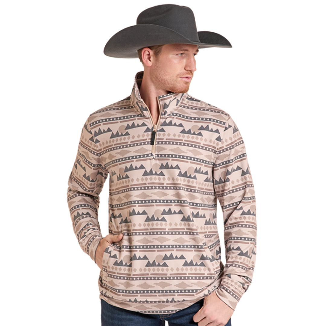 Rock & Roll Denim Men's Tan Abstract Jersey 1/4 Zip Pullover BM91T09632