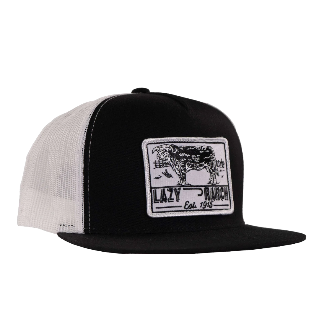 Lazy J Ranch Black & White Bull Trap 5 Panel Trucker Cap BLKWHT4-BT-WHT