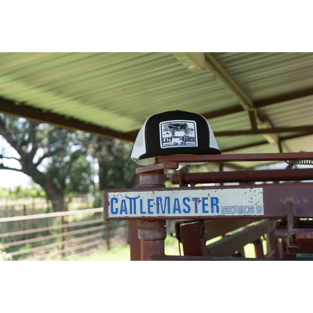Lazy J Ranch Black & White Bull Trap 5 Panel Trucker Cap BLKWHT4-BT-WHT