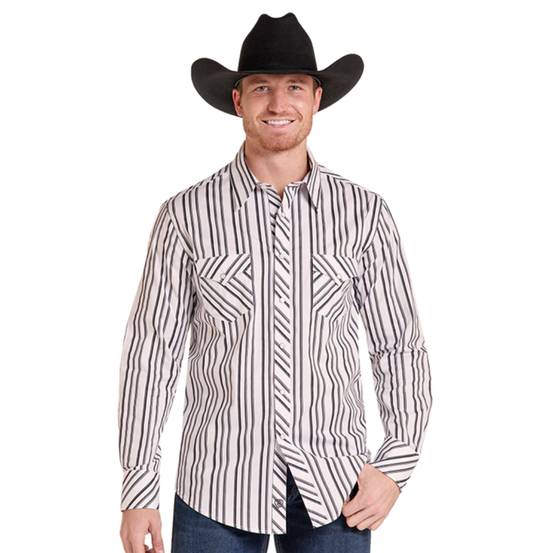 Rock & Roll Denim Men's Grey Stripe Print Snap Shirt BMN2S09423