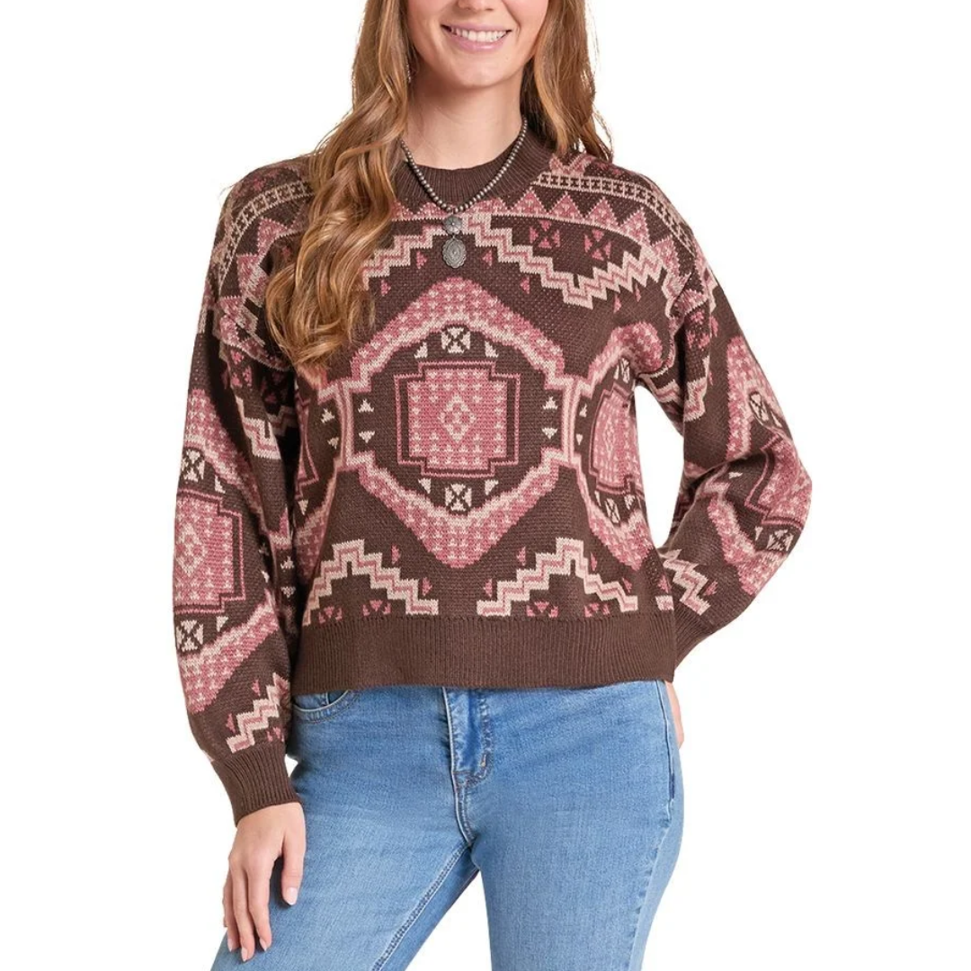 Rock & Roll Denim Ladies Brown & Pink Aztec Print Sweater BW32T09413