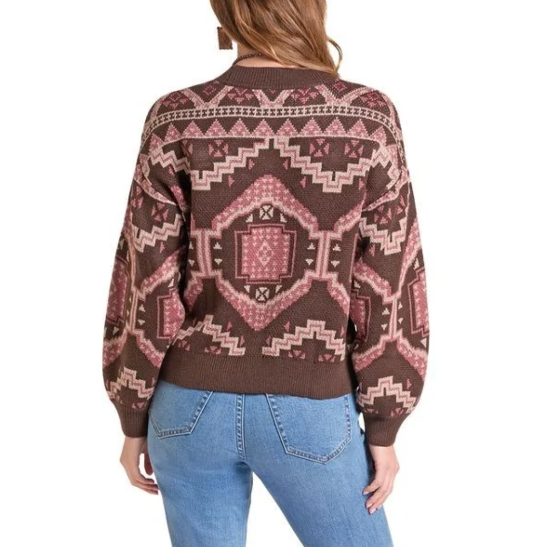Rock & Roll Denim Ladies Brown & Pink Aztec Print Sweater BW32T09413