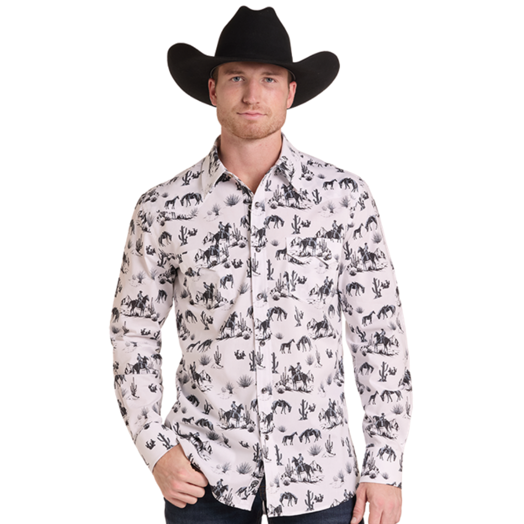 Rock & Roll Denim Men's White Novelty Print Snap Shirt BMN2S09424