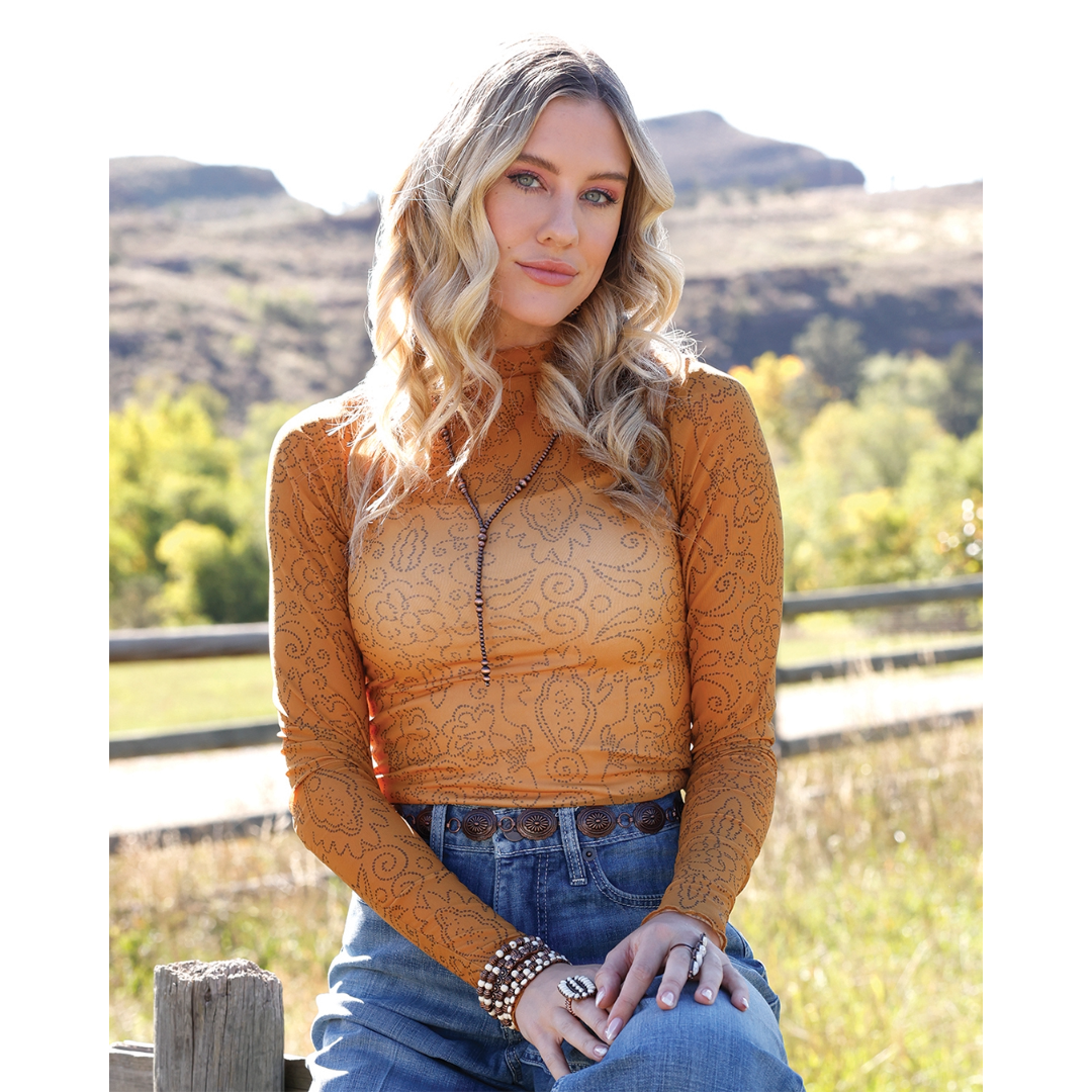 Cinch Ladies Gold Mesh Western Scrolling Top CTK7485007