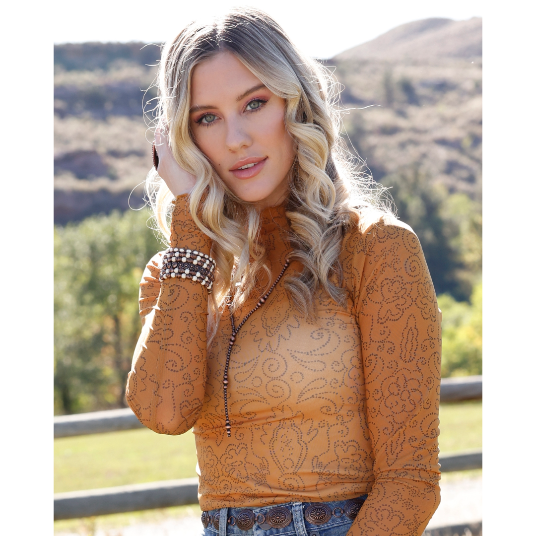 Cinch Ladies Gold Mesh Western Scrolling Top CTK7485007