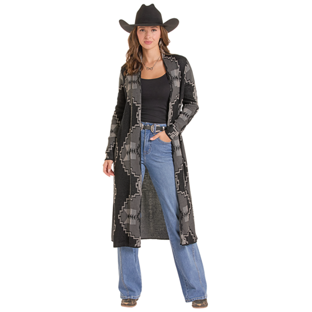 Rock & Roll Denim Ladies Black Aztec Print Duster BW95T09736