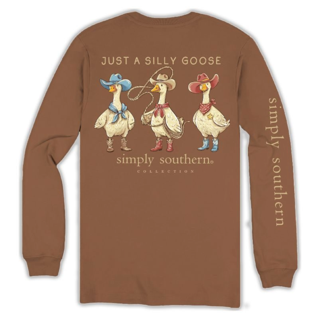Simply Southern Ladies Silly Goose Cowboy Chestnut Graphic T-Shirt LS-GOOSE-CHSTNT