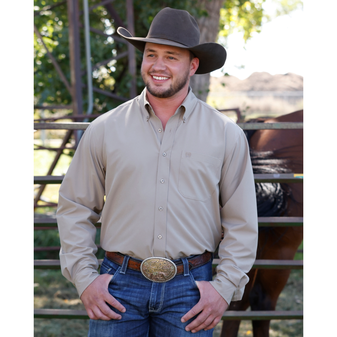 Cinch Men's Arenaflex Khaki Brown Button Down Shirt MTW1862047