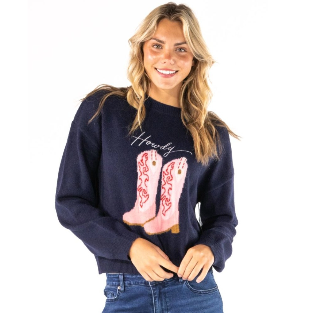 Simply Southern Ladies Navy Blue Cowgirl Boot Sweater 0226-SWTR-BOOT