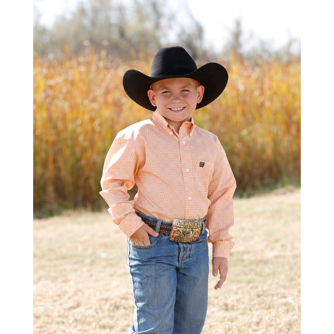 Cinch Youth Boy's Gold Geometric Print Button Down Shirt MTW7060424