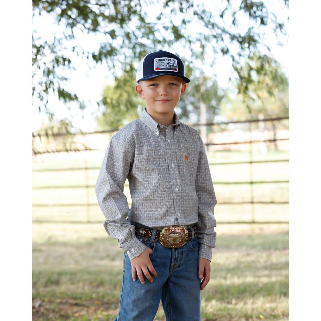 Cinch Youth Boy's White Geo Print Button Down Shirt MTW7060423