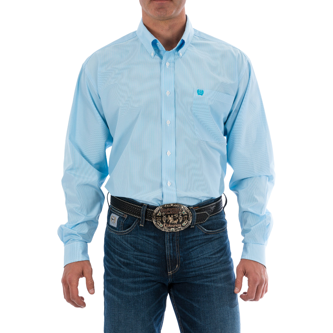 Cinch Men's Light Blue Striped Print Button Down Shirt MTW1104732