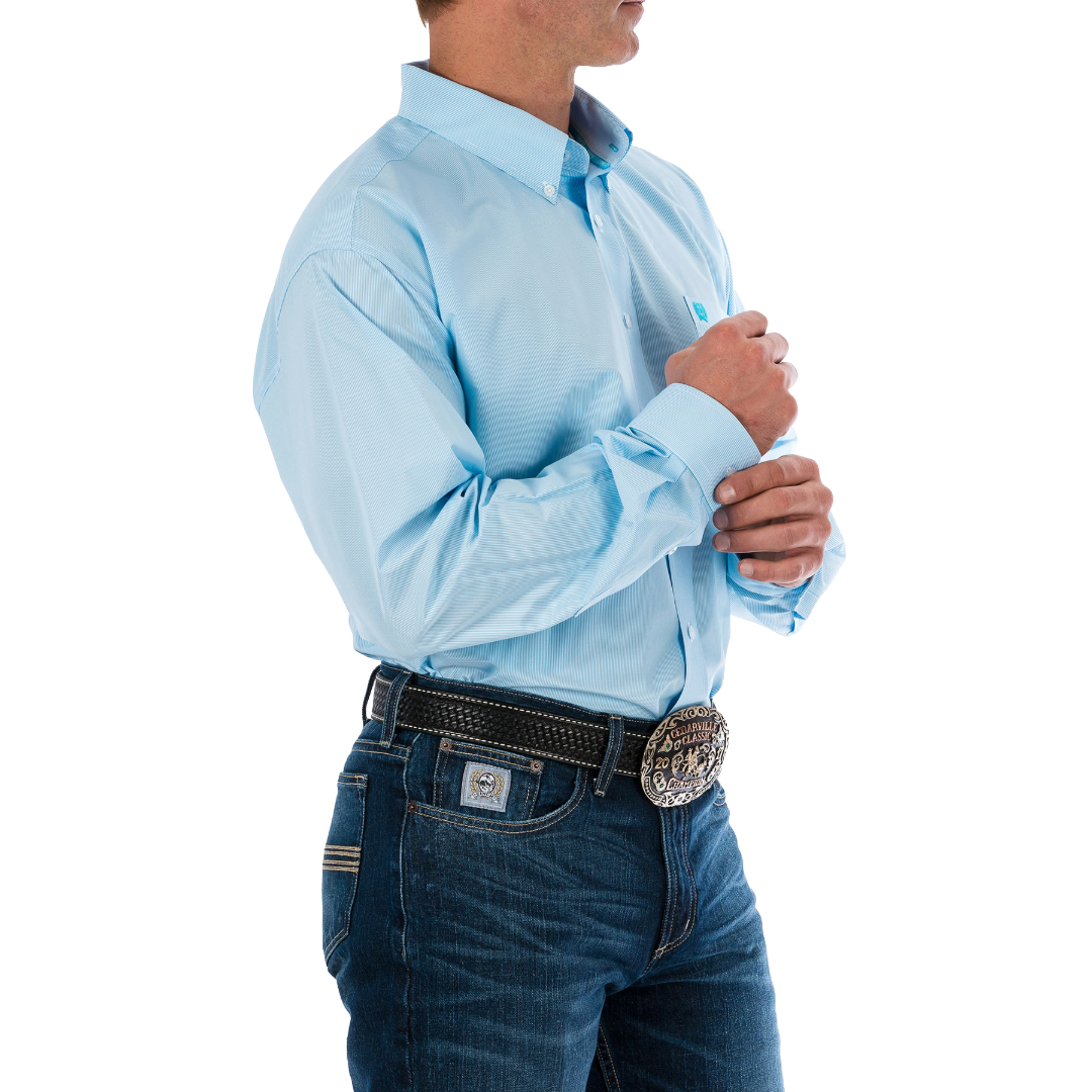 Cinch Men's Light Blue Striped Print Button Down Shirt MTW1104732